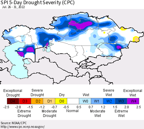 Kazakhstan SPI 5-Day Drought Severity (CPC) Thematic Map For 7/26/2022 - 7/31/2022