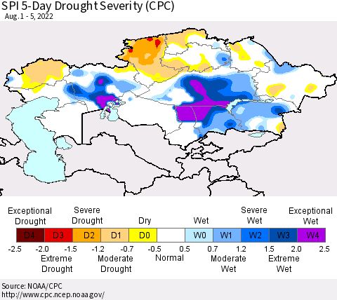 Kazakhstan SPI 5-Day Drought Severity (CPC) Thematic Map For 8/1/2022 - 8/5/2022