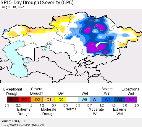 Kazakhstan SPI 5-Day Drought Severity (CPC) Thematic Map For 8/6/2022 - 8/10/2022