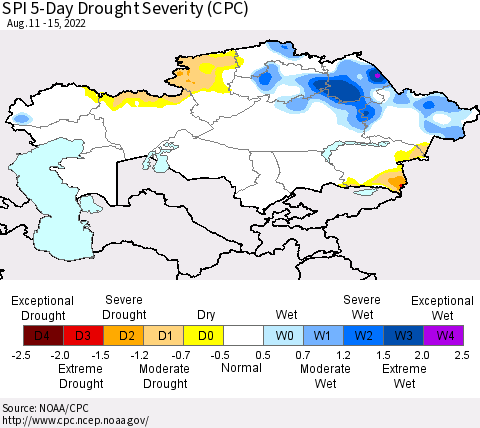 Kazakhstan SPI 5-Day Drought Severity (CPC) Thematic Map For 8/11/2022 - 8/15/2022