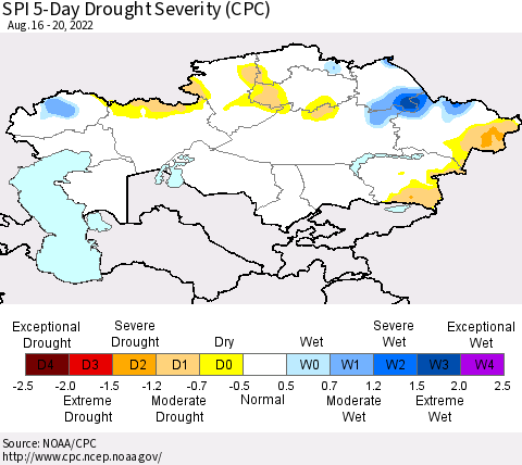 Kazakhstan SPI 5-Day Drought Severity (CPC) Thematic Map For 8/16/2022 - 8/20/2022