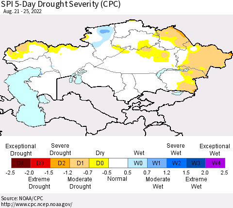 Kazakhstan SPI 5-Day Drought Severity (CPC) Thematic Map For 8/21/2022 - 8/25/2022