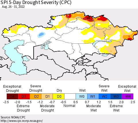 Kazakhstan SPI 5-Day Drought Severity (CPC) Thematic Map For 8/26/2022 - 8/31/2022