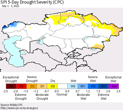 Kazakhstan SPI 5-Day Drought Severity (CPC) Thematic Map For 9/1/2022 - 9/5/2022