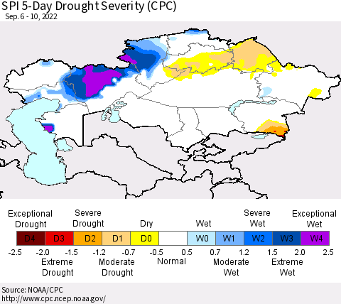 Kazakhstan SPI 5-Day Drought Severity (CPC) Thematic Map For 9/6/2022 - 9/10/2022