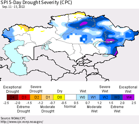Kazakhstan SPI 5-Day Drought Severity (CPC) Thematic Map For 9/11/2022 - 9/15/2022