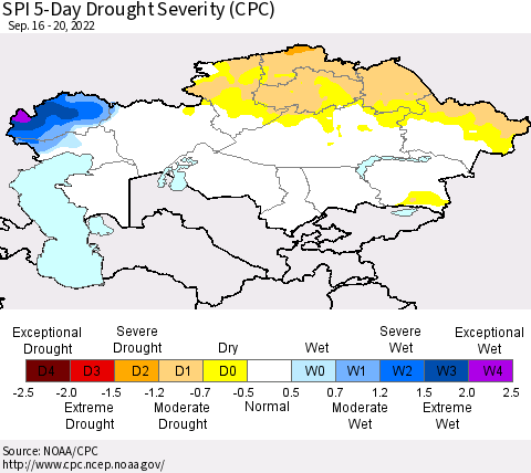 Kazakhstan SPI 5-Day Drought Severity (CPC) Thematic Map For 9/16/2022 - 9/20/2022