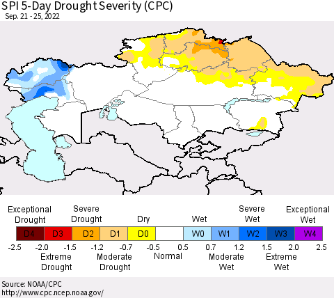 Kazakhstan SPI 5-Day Drought Severity (CPC) Thematic Map For 9/21/2022 - 9/25/2022