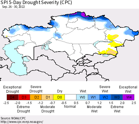 Kazakhstan SPI 5-Day Drought Severity (CPC) Thematic Map For 9/26/2022 - 9/30/2022