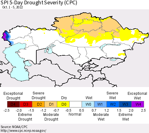 Kazakhstan SPI 5-Day Drought Severity (CPC) Thematic Map For 10/1/2022 - 10/5/2022