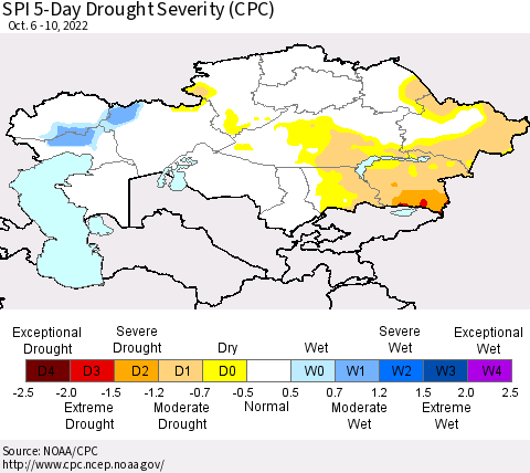 Kazakhstan SPI 5-Day Drought Severity (CPC) Thematic Map For 10/6/2022 - 10/10/2022