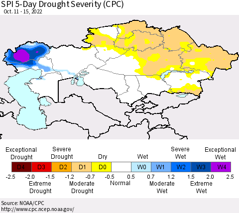 Kazakhstan SPI 5-Day Drought Severity (CPC) Thematic Map For 10/11/2022 - 10/15/2022