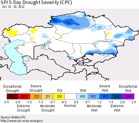 Kazakhstan SPI 5-Day Drought Severity (CPC) Thematic Map For 10/16/2022 - 10/20/2022