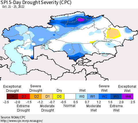 Kazakhstan SPI 5-Day Drought Severity (CPC) Thematic Map For 10/21/2022 - 10/25/2022