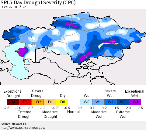 Kazakhstan SPI 5-Day Drought Severity (CPC) Thematic Map For 10/26/2022 - 10/31/2022