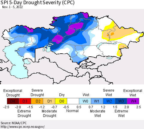 Kazakhstan SPI 5-Day Drought Severity (CPC) Thematic Map For 11/1/2022 - 11/5/2022