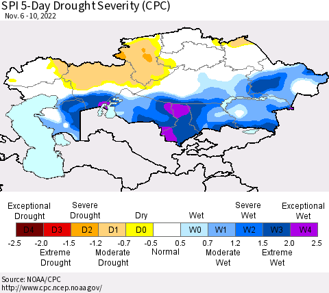 Kazakhstan SPI 5-Day Drought Severity (CPC) Thematic Map For 11/6/2022 - 11/10/2022
