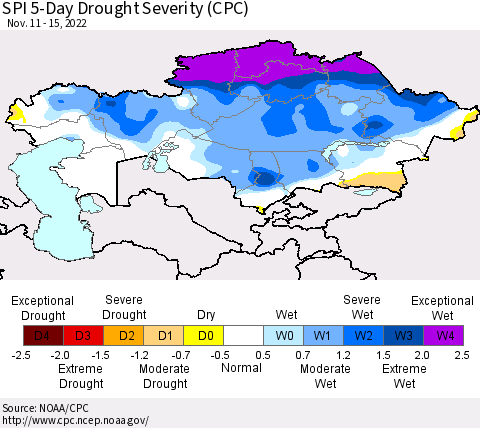 Kazakhstan SPI 5-Day Drought Severity (CPC) Thematic Map For 11/11/2022 - 11/15/2022