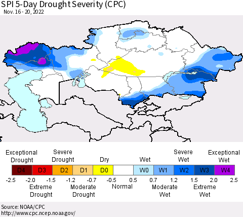 Kazakhstan SPI 5-Day Drought Severity (CPC) Thematic Map For 11/16/2022 - 11/20/2022