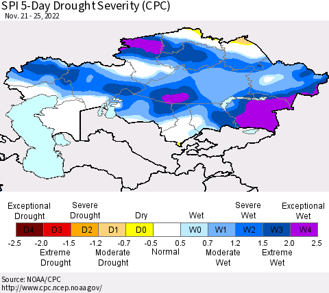 Kazakhstan SPI 5-Day Drought Severity (CPC) Thematic Map For 11/21/2022 - 11/25/2022
