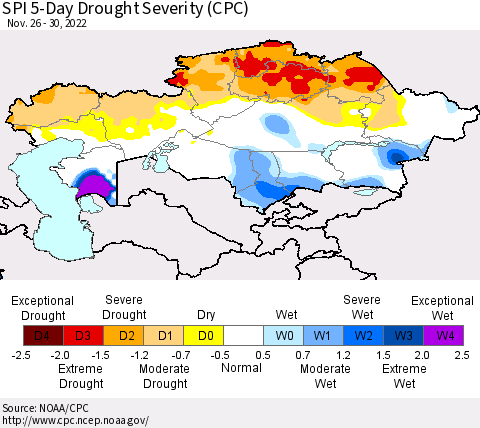 Kazakhstan SPI 5-Day Drought Severity (CPC) Thematic Map For 11/26/2022 - 11/30/2022