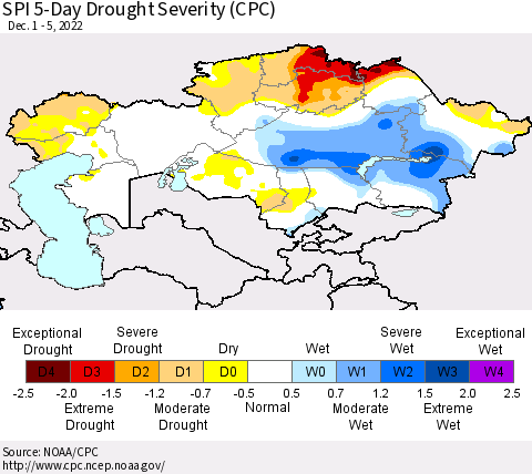 Kazakhstan SPI 5-Day Drought Severity (CPC) Thematic Map For 12/1/2022 - 12/5/2022