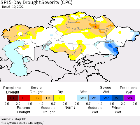 Kazakhstan SPI 5-Day Drought Severity (CPC) Thematic Map For 12/6/2022 - 12/10/2022