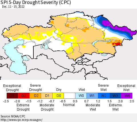 Kazakhstan SPI 5-Day Drought Severity (CPC) Thematic Map For 12/11/2022 - 12/15/2022