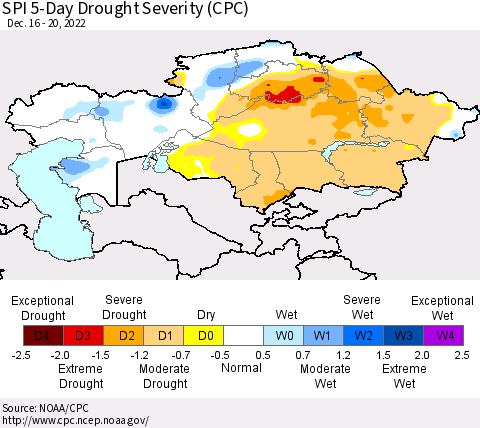 Kazakhstan SPI 5-Day Drought Severity (CPC) Thematic Map For 12/16/2022 - 12/20/2022