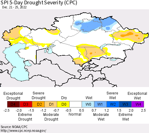 Kazakhstan SPI 5-Day Drought Severity (CPC) Thematic Map For 12/21/2022 - 12/25/2022