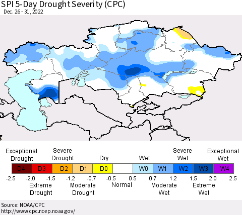 Kazakhstan SPI 5-Day Drought Severity (CPC) Thematic Map For 12/26/2022 - 12/31/2022