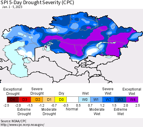 Kazakhstan SPI 5-Day Drought Severity (CPC) Thematic Map For 1/1/2023 - 1/5/2023