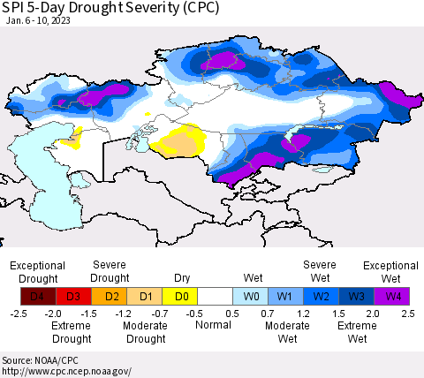 Kazakhstan SPI 5-Day Drought Severity (CPC) Thematic Map For 1/6/2023 - 1/10/2023
