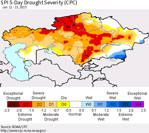 Kazakhstan SPI 5-Day Drought Severity (CPC) Thematic Map For 1/11/2023 - 1/15/2023