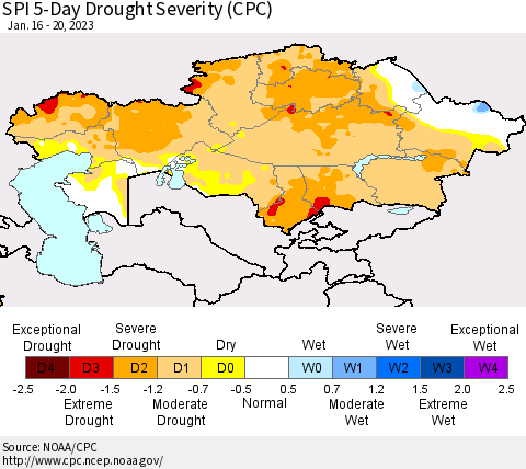 Kazakhstan SPI 5-Day Drought Severity (CPC) Thematic Map For 1/16/2023 - 1/20/2023