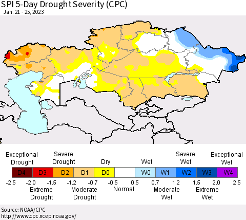 Kazakhstan SPI 5-Day Drought Severity (CPC) Thematic Map For 1/21/2023 - 1/25/2023
