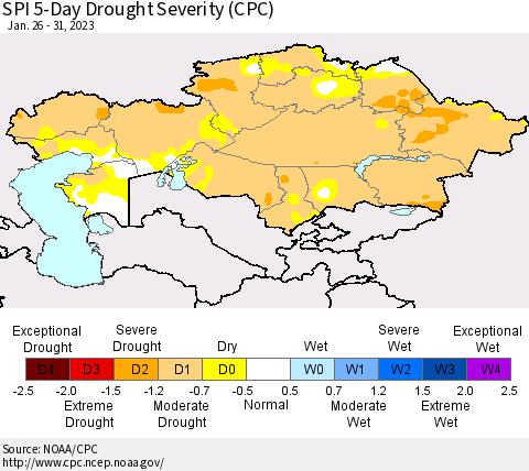 Kazakhstan SPI 5-Day Drought Severity (CPC) Thematic Map For 1/26/2023 - 1/31/2023