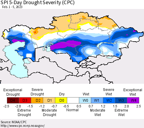Kazakhstan SPI 5-Day Drought Severity (CPC) Thematic Map For 2/1/2023 - 2/5/2023