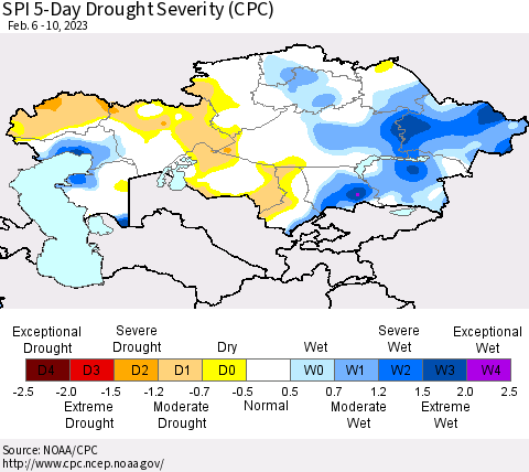 Kazakhstan SPI 5-Day Drought Severity (CPC) Thematic Map For 2/6/2023 - 2/10/2023