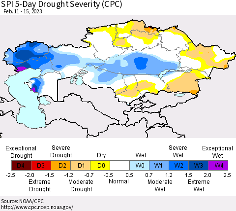 Kazakhstan SPI 5-Day Drought Severity (CPC) Thematic Map For 2/11/2023 - 2/15/2023