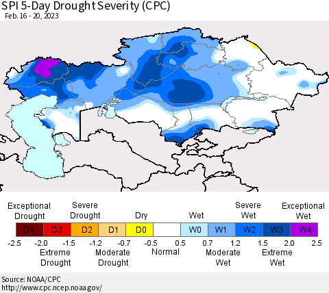 Kazakhstan SPI 5-Day Drought Severity (CPC) Thematic Map For 2/16/2023 - 2/20/2023