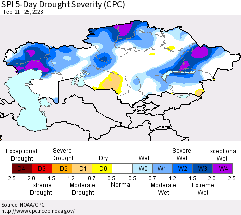 Kazakhstan SPI 5-Day Drought Severity (CPC) Thematic Map For 2/21/2023 - 2/25/2023