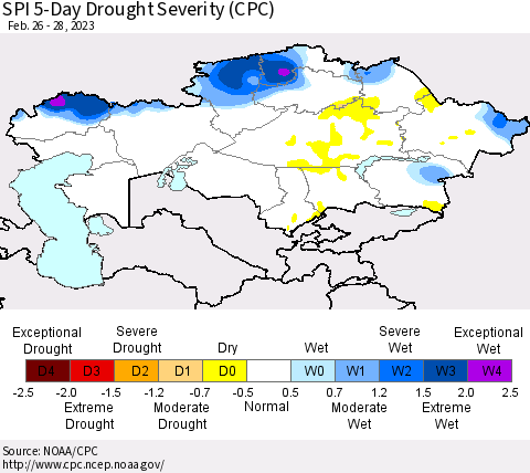 Kazakhstan SPI 5-Day Drought Severity (CPC) Thematic Map For 2/26/2023 - 2/28/2023