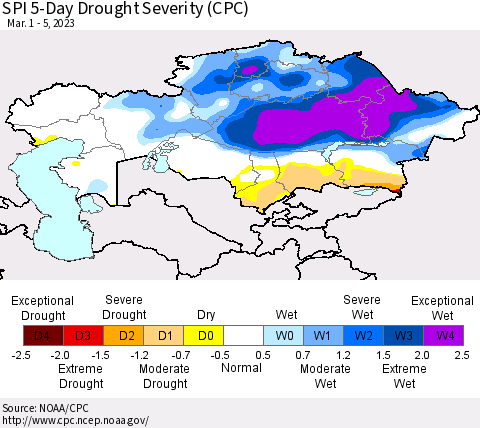 Kazakhstan SPI 5-Day Drought Severity (CPC) Thematic Map For 3/1/2023 - 3/5/2023