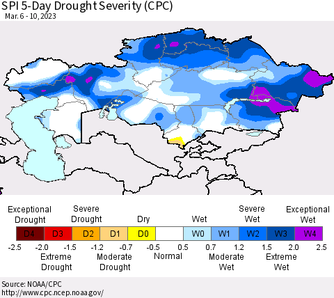 Kazakhstan SPI 5-Day Drought Severity (CPC) Thematic Map For 3/6/2023 - 3/10/2023