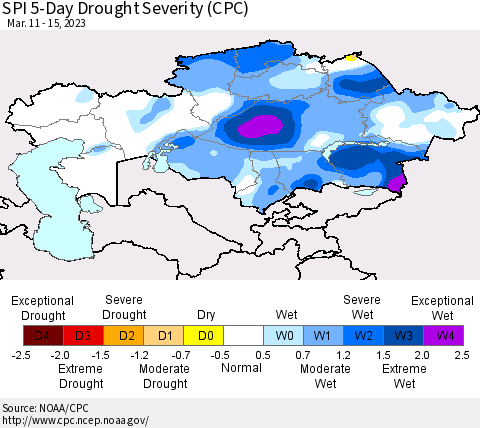 Kazakhstan SPI 5-Day Drought Severity (CPC) Thematic Map For 3/11/2023 - 3/15/2023