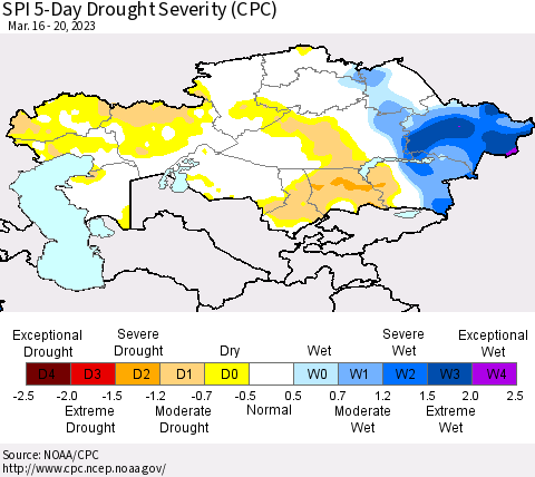 Kazakhstan SPI 5-Day Drought Severity (CPC) Thematic Map For 3/16/2023 - 3/20/2023
