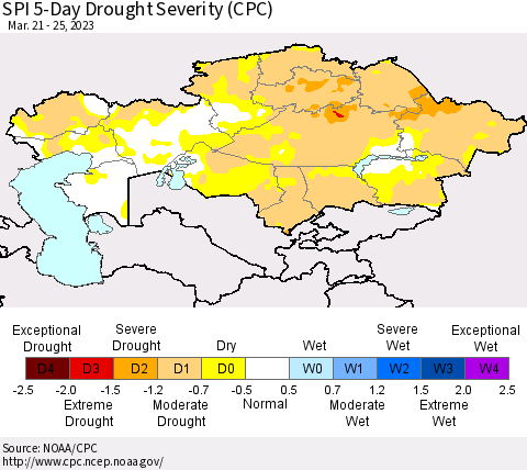 Kazakhstan SPI 5-Day Drought Severity (CPC) Thematic Map For 3/21/2023 - 3/25/2023