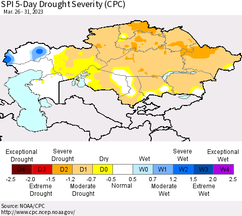 Kazakhstan SPI 5-Day Drought Severity (CPC) Thematic Map For 3/26/2023 - 3/31/2023