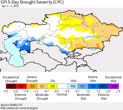 Kazakhstan SPI 5-Day Drought Severity (CPC) Thematic Map For 4/1/2023 - 4/5/2023
